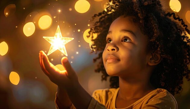 A young girl, gazing up in wonder at a glowing star held delicately in her hands