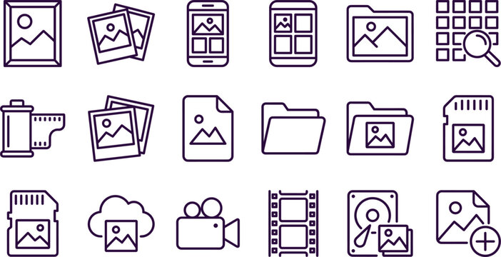 Image gallery and photo media line icon set with picture file storage folder camera film memory card symbols