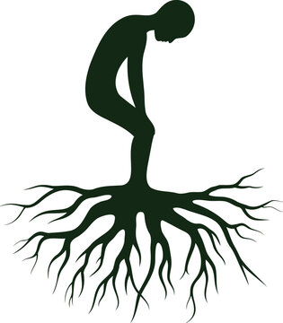 Man bending over with human roots growing from body parts