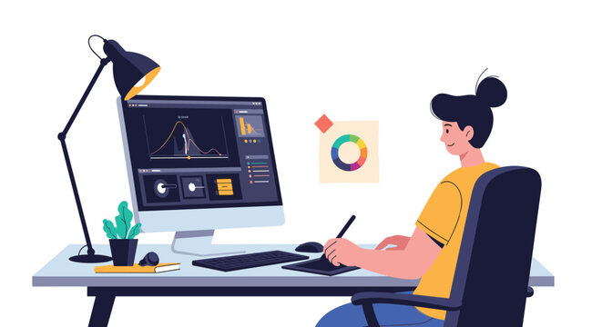 Female digital artist or graphic designer is sitting at her desk working on a creative project using a computer and a drawing tablet.