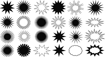 Retro starburst and y2k sticker vector icon set with blank sunburst shapes spark badges price tags and explosion bursts. © Md