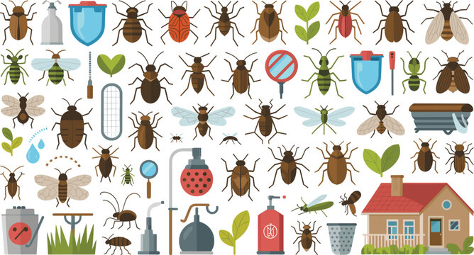 Generative AI vector illustration of pest control icon set featuring various insects bugs beetles flies parasites house and extermination equipment
