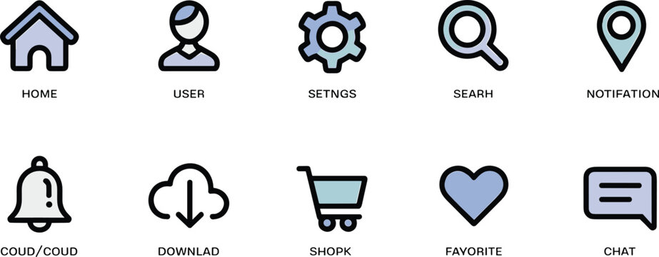 Minimalist flat line web user interface vector icon set with home settings search shopping cart and notification elements.