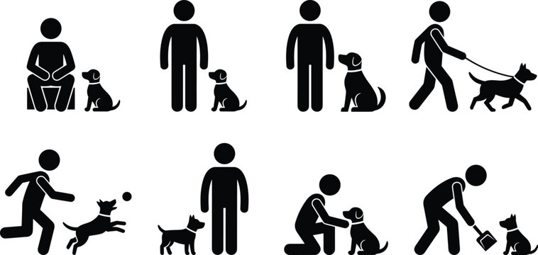 Dog training and care icons set with stick figures walking playing fetching ball pet cleaning and obedience skills pictograms isolated on white background