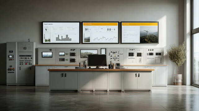 Renewable energy control center, power generation, monitor, dashboard, wind turbine, electrical panel for modern grid management room
