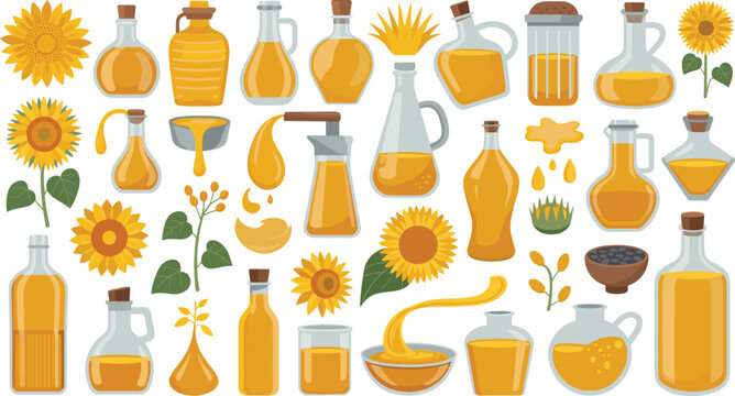 Generative AI vector illustration of sunflower oil bottle collection featuring cooking ingredients pouring golden liquids and floral elements