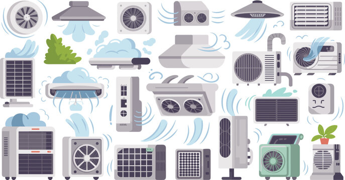 Generative AI vector illustration of modern air conditioner icon set featuring split systems ventilation fans heaters and climate control appliances