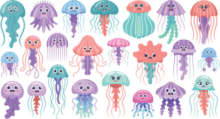 Generative AI vector illustration of cute jellyfish characters bundle with funny cartoon expressions under the sea creatures set isolated on white © Md