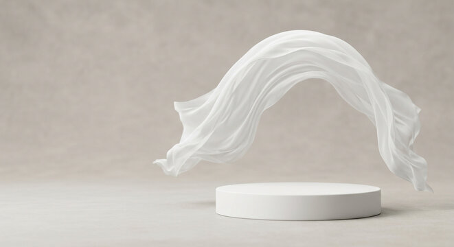 Ethereal white fabric gracefully suspended above a pristine cylindrical display stand, embodying lightness and sophisticated minimalism for product or conceptual presentations