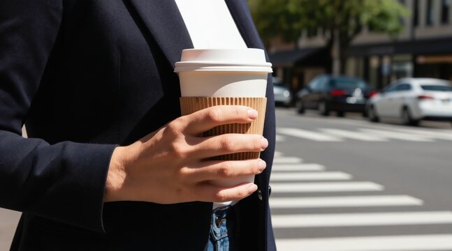 Woman in dark blazer holds coffee cup near pedestrian crossing. Cars move on street in background. Busy city street scene with pro attire. Daylight urban commute.