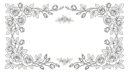 Fototapeta premium Hand Drawn Rose Floral Frame Composition with Elegant Botanical Line Art Border Vector Illustration