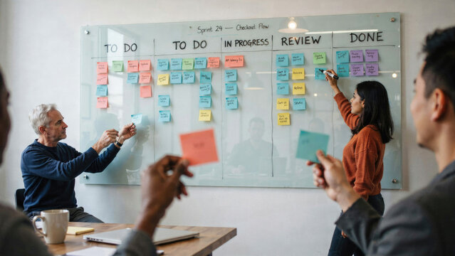 Agile project management team using kanban board, diverse colleagues brainstorming with sticky notes, collaborative office workflow and sprint planning
