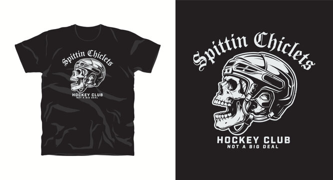 Hockey player skull wearing protective sports helmet vintage style t-shirt design graphic.