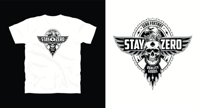 Stay zero foxtrot military style skull with eagle wings and crown logo.