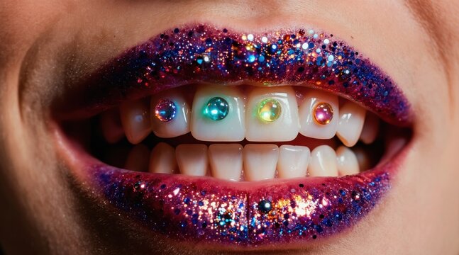 Close-up mouth with glitter lips and colorful tooth gems. Woman smile shows shiny dental decorations. Vibrant face art and makeup for festive look.
