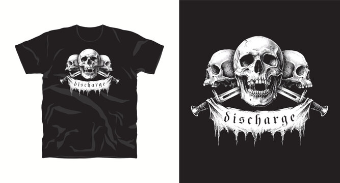 Three skulls and swords with discharge banner vector illustration for hardcore punk music tshirt design.