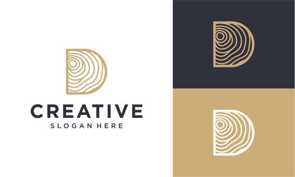 Minimalist letter D logo design featuring organic wood grain and annual tree ring patterns for lumber or furniture branding identity