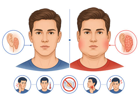 Comparison infographic diagram of healthy face versus swollen cheek from mumps virus infection