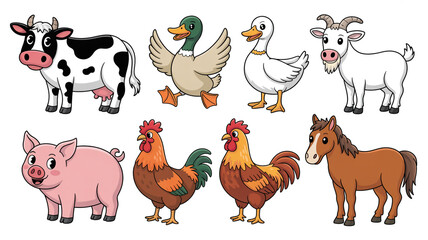 Fototapeta premium Cute cartoon farm animal set featuring cow duck goose goat pig roosters and horse isolated on white background with bold outlines