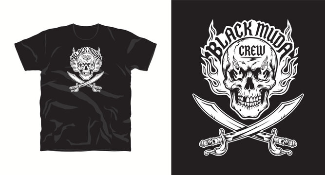 Black muda crew pirate skull t-shirt design with crossed sabers, nautical graphic.