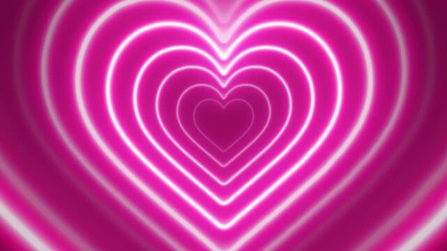 Neon pink heart tunnel motion background, endless pulsing love symbol, romantic abstract loop for valentine&rsquo;s day and wedding projects