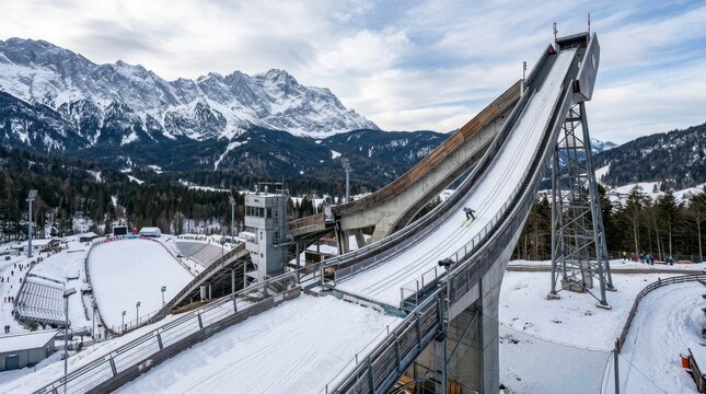 Snow covered ski jumping ramp against dramatic mountain backdrop in winter landscape