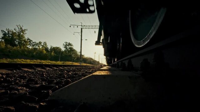 A freight train passes over rails and sleepers in close-up among sunny fields. The concept of a railway passing through the countryside and the unity of nature and civilization