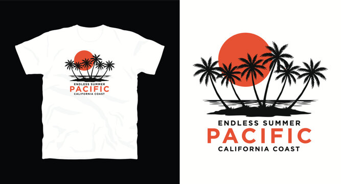 Summer tropical landscape with palm tree silhouettes and red sun for pacific california coast design.