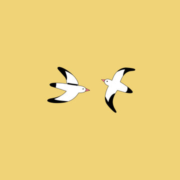 Minimalist vector of two white birds flying on yellow background