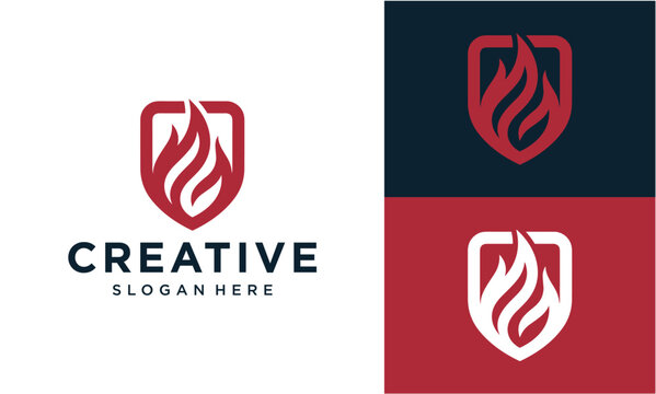 Minimalist shield and flame logo symbol for modern business security and fire protection