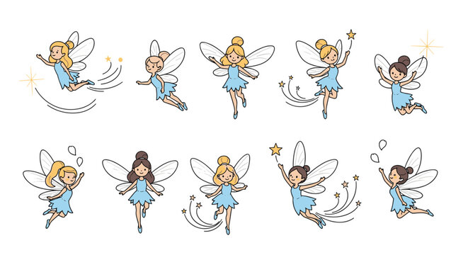 Set of cute fairy illustrations wearing blue dresses shows various flying and magical poses with star wands.