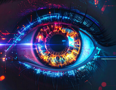 Futuristic cybernetic eye with neon light circuits