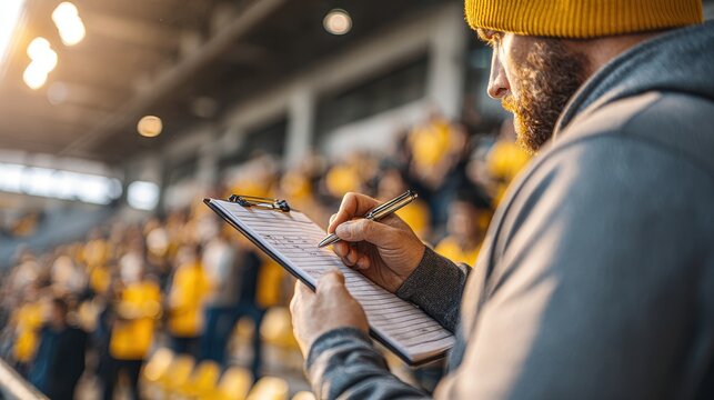 Focused Football Scout with Clipboard Taking Notes at a Stadium Match