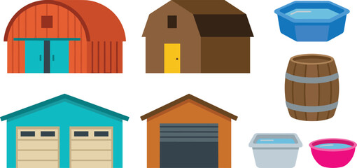 Farm barns and storage sheds vector set with garages wooden barrel and water troughs isolated on white background for agriculture design © MeheDi