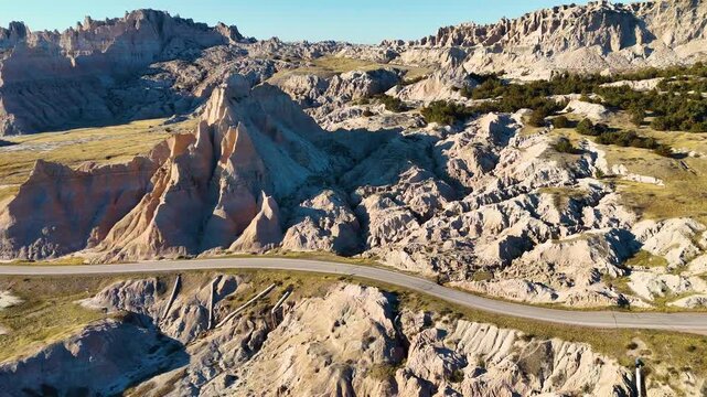 Aerial Drone View of Dramatic Badlands Formations and Rugged Desert Landscape in South Dakota