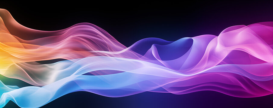 Luminous multicolor light waves flowing across a dark abstract background