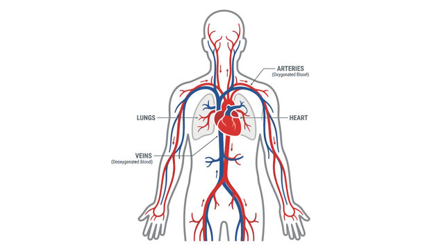 Anatomical illustration of a human body showing the circulatory system with labeled arteries and veins on a white background.