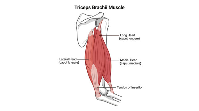 Detailed anatomical illustration of the triceps brachii muscle with labeled parts on a white background.