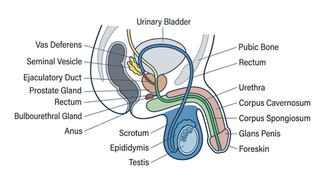 Detailed anatomical illustration of the male reproductive system with labeled parts on a white background.