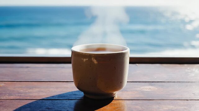 Steam rises softly from a ceramic tea mug on a teak yacht table as the blurred open ocean stretches behind it