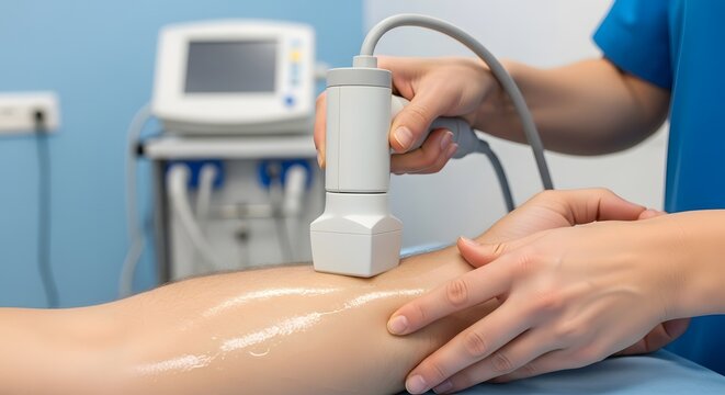 Doppler ultrasound examination of lower leg veins by healthcare professional