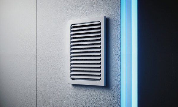 Ventilation grille wall mounted modern white air vent on a textured interior surface with blue ambient led lighting and copy space