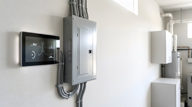 smart home energy consumption monitor mounted near electrical panel showing household efficiency management