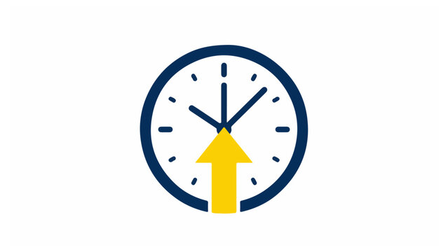 Minimalist clock face with a yellow downward-pointing arrow replacing the hour and minute hands indicates a deadline or countdown.