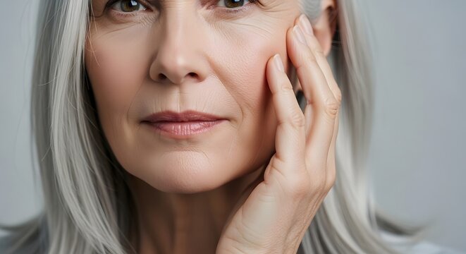 Elegant senior woman portrait close up of gray haired model touching her face