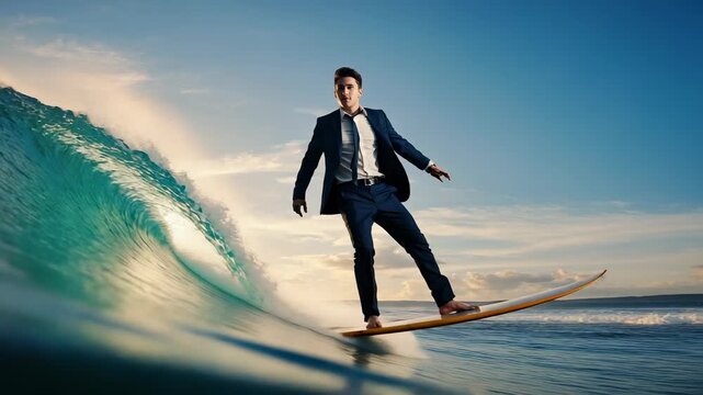 A suited businessman crests a towering wave at golden sunrise mastering chaos beneath him and embodying triumph over adversity