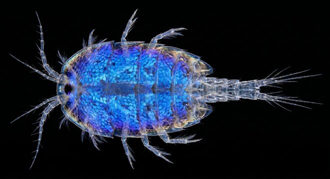 Swarm of Sapphirina copepods in pelagic ocean showing structural blue iridescence and transparency