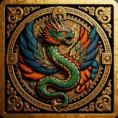 Fototapeta premium Feathered serpent deity Quetzalcoatl in ornate design. Mythical creature with wings and snake body. Aztec god art, cultural symbol, ancient legend. Mystical artwork, rich details, vibrant colors.