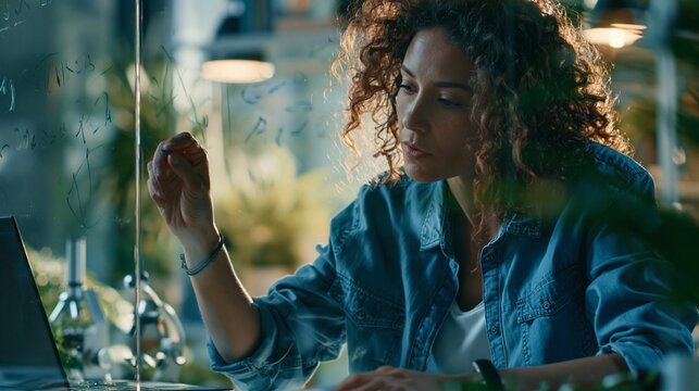 Focused young scientist working on AI algorithms by writing on a glass panel while multitasking on a laptop surrounded by sleek sensor devices and natural plants under soft
