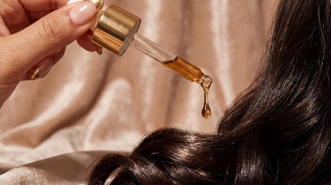 Applying luxury golden hair oil onto glossy dark hair with a glass dropper.